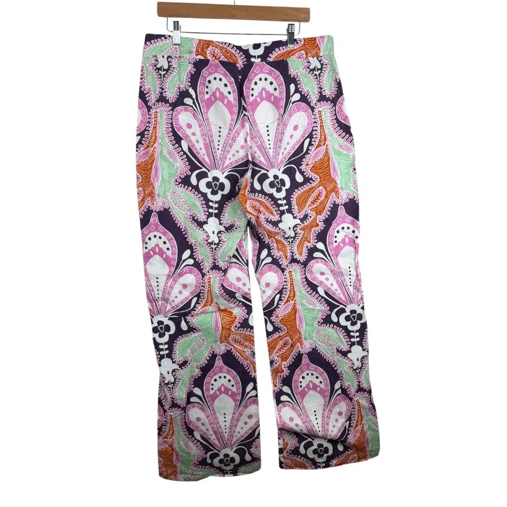 Zara Paisley Print Linen Blend Palazzo Pants size XL‎ Black/Pink/White